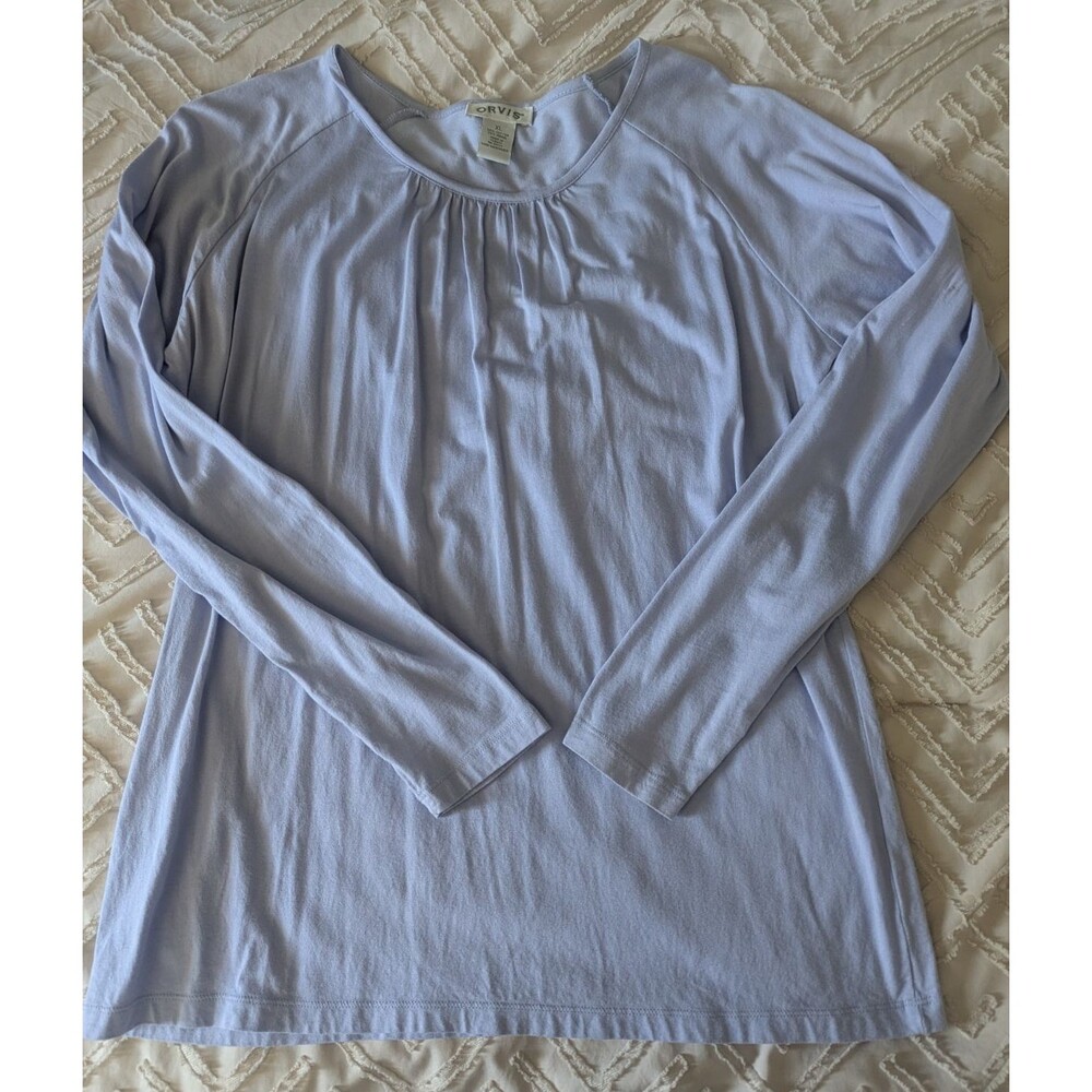 Orvis Women's XL Lavender Blue Long Sleeve Ruched Crew Neck Tee Top Cotton Modal